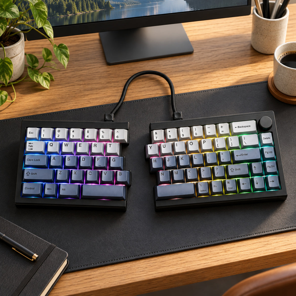 65% Split Wireless Mechanical Keyboard with RGB, Black and Gray