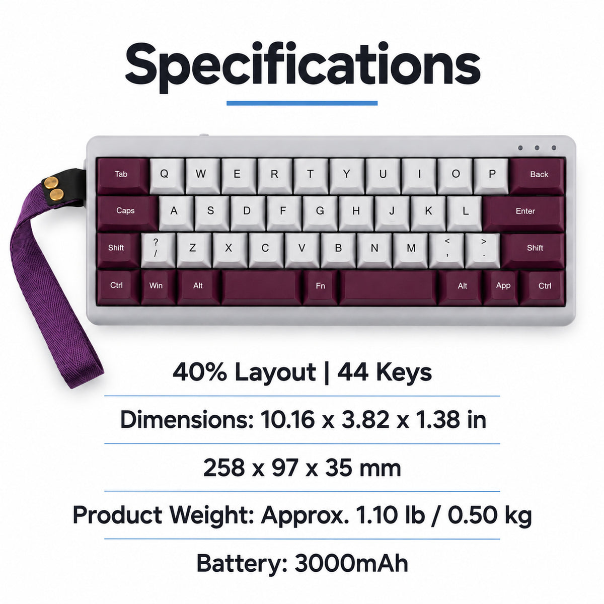 40% Wireless Mechanical Keyboard with Split Spacebar, Purple and Gray