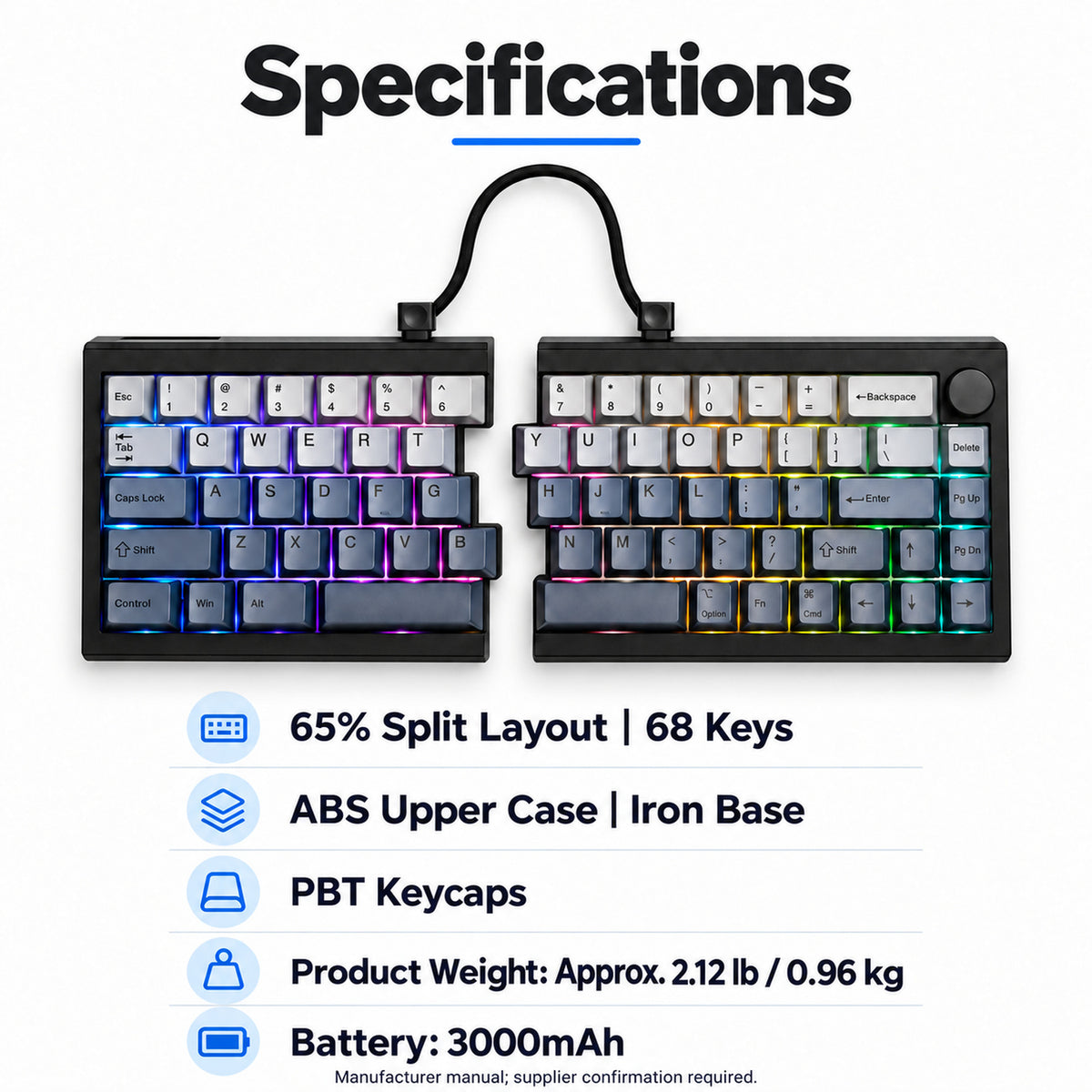 65% Split Wireless Mechanical Keyboard with RGB, Black and Gray