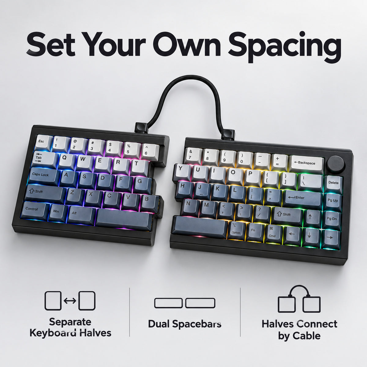 65% Split Wireless Mechanical Keyboard with RGB, Black and Gray