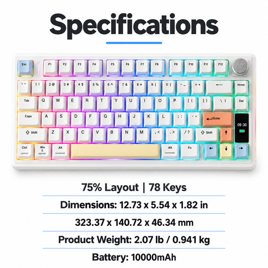 75% Wireless Mechanical Keyboard with Display and Knob, White