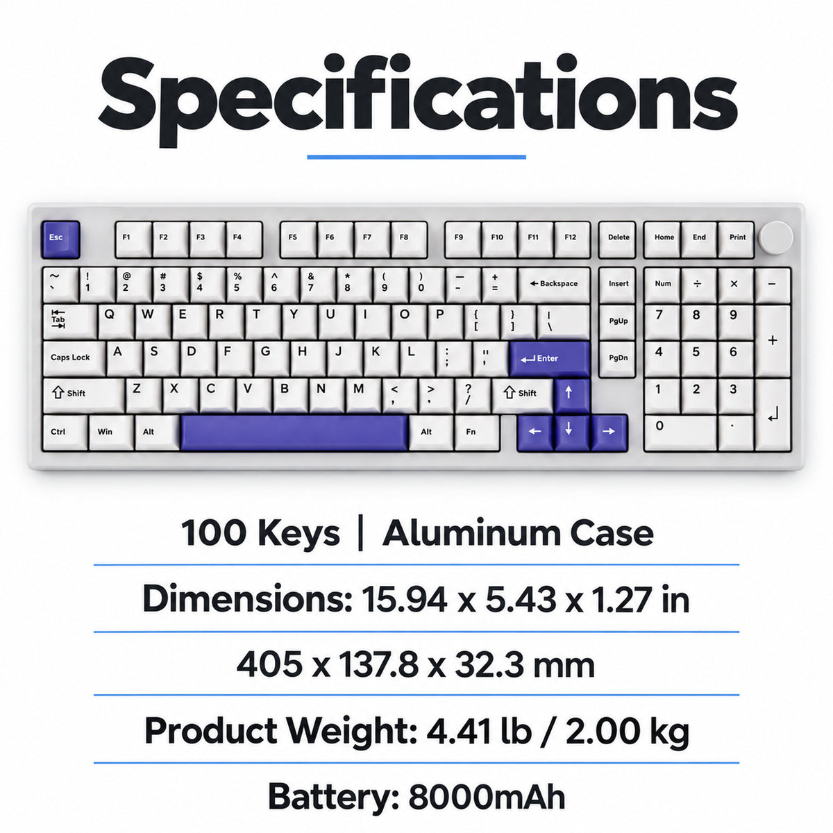 100-Key Aluminum Wireless Mechanical Keyboard, White and Purple