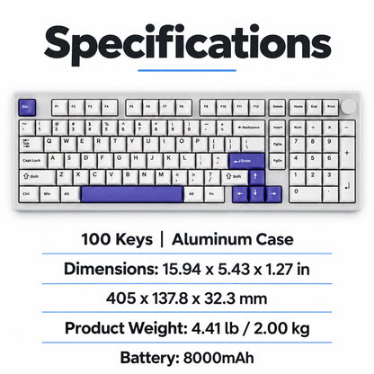 100-Key Aluminum Wireless Mechanical Keyboard, White and Purple