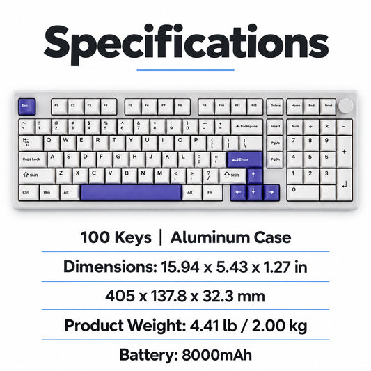 100-Key Aluminum Wireless Mechanical Keyboard, White and Purple